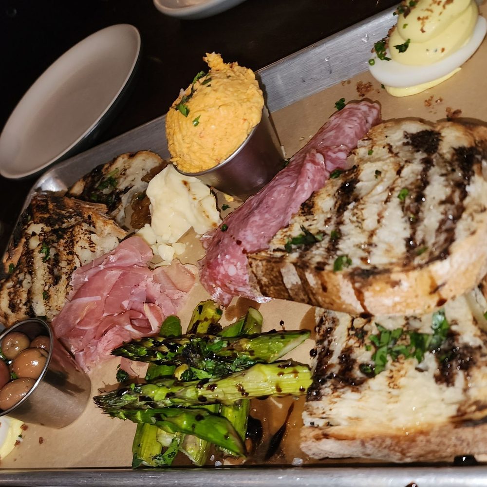 Culinary Dropout - Crusty Bread, Garlic Oil & Balsamic Pimento Cheese Prosciutto Deviled Eggs Grilled Asparagus - New American Near Me - Austin, Texas