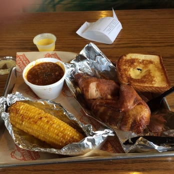 BubbaQue's - Half a chicken, baked beans, and fried, yes I said fried corn on the cob. - Barbeque Near Me - Dade City, Florida