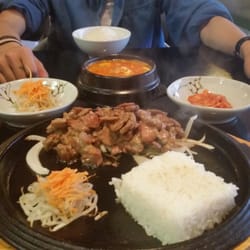 Surakhan - tofu soup and bbq and rice dish.