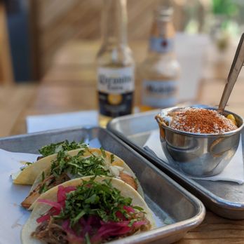 Switchback - Elote, smoked brisket, chicken tinga and the taco I forgot after having the Switchback shot combo. - Tacos Near Me - Durango, Colorado