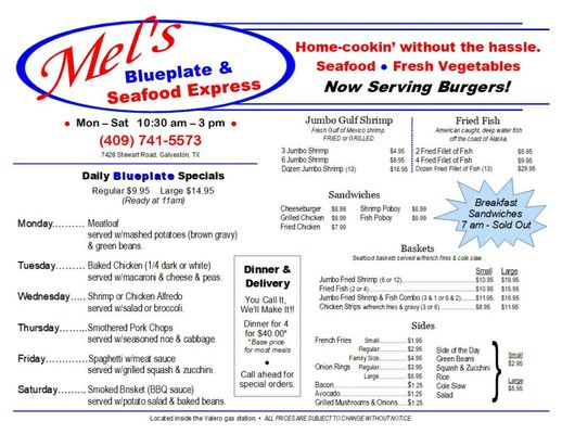 Menu photo 7 Mel's Blueplate Express Galveston, TX