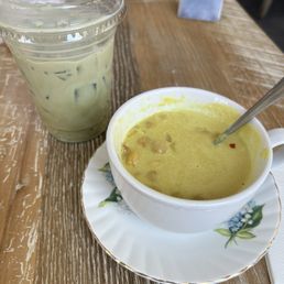 Chickpea soup and matcha latte. Chickpea soup and matcha latte.