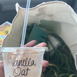 This is a vanilla oat latte posed in front of my canvas bag full of farm fresh vegetables. This is a vanilla oat latte posed in front of my canvas bag full of farm fresh vegetables.
