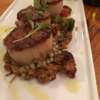 Bluebeard - Scallops (israeli couscous, andouille, muhammara, olives, cherry tomato, green harissa - $22 - New American Near Me - Indianapolis, Indiana