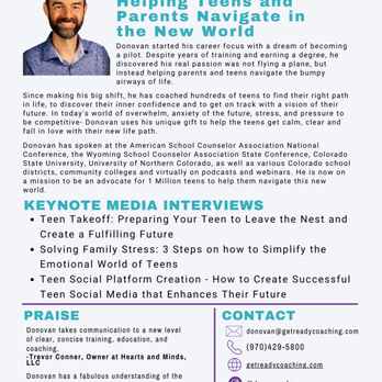 Get Ready Coaching - Speaker sheet for presentations, podcasts, radio and television. - Parenting Classes Near Me - Fort Collins, Colorado