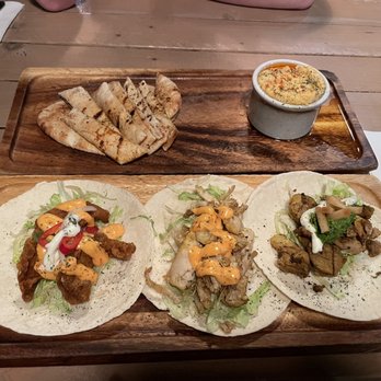Gorilla - Cod (left) chicken (middle) pork (right) tacos and a side of hummus with pita (small plate menu not a side but was more than enough) - Breakfast & Brunch Near Me - Manchester, XGM Gorilla - Cod (left) chicken (middle) pork (right) tacos and a side of hummus with pita (small plate menu not a side but was more than enough) - Breakfast & Brunch Near Me - Manchester, XGM