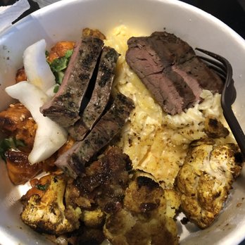 Flower Child - 3 sides + Protein (Indian Spiced Cauliflower, Red Chile Glazed Sweet Potato, Gluten-Free Mac & Cheese, Grass-Fed Steak*) - Salad Near Me - Houston, Texas Flower Child - 3 sides + Protein (Indian Spiced Cauliflower, Red Chile Glazed Sweet Potato, Gluten-Free Mac & Cheese, Grass-Fed Steak*) - Salad Near Me - Houston, Texas