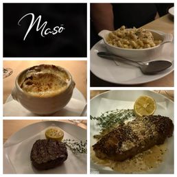 Filet, strip steak, mac and cheese and onions soup Filet, strip steak, mac and cheese and onions soup