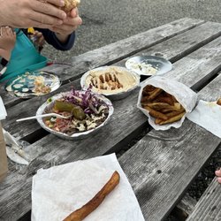 Olympita - Fries, hummus and falafel and shawarma plate (some already eaten, we were hungry!)