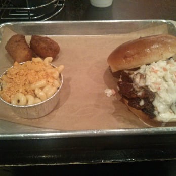 Q-BBQ - Burnt ends sandwich with a side of mac and hush puppies - Barbeque Near Me - Naperville, Illinois