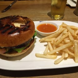 Loch Fyne - Burnt bun with the black picked off as a solution with freezer fresh fries and beef.