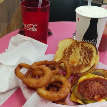 Burger Depot - Bacon cheeseburger basket with onion rings and caramel malt - awesome! - Burgers Near Me - Verndale, Minnesota