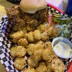 Pop's Place - Fried breaded pork tenderloin and tots. Lettuce, Tom, pickles and Mayo are extra