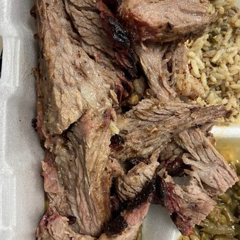 Burns Original BBQ - 1/2 pound of moist brisket. Dirty rice and green beans. - Barbeque Near Me - Houston, Texas