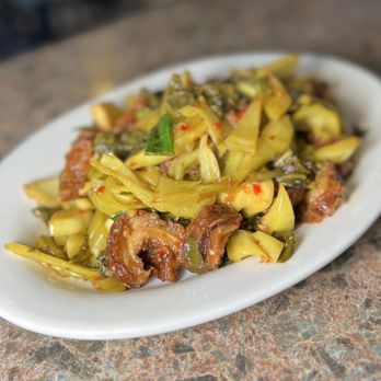 Red Rose Restaurant - Deep Fried Pork Bung with Pickled Mustard Greens - Cambodian Near Me - Lowell, Massachusetts
