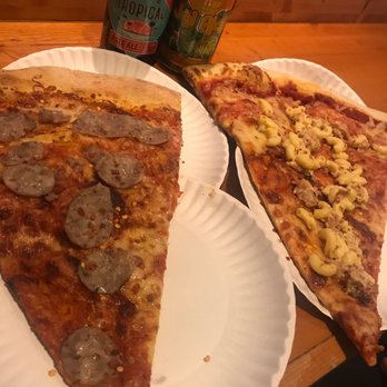 Benny Capitale's - Two craft beers, the mac n cheese pizza and a sausage pizza. Slices so large it requires two plates. - Pizza Near Me - Raleigh, North Carolina Benny Capitale's - Two craft beers, the mac n cheese pizza and a sausage pizza. Slices so large it requires two plates. - Pizza Near Me - Raleigh, North Carolina