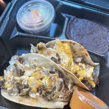 Cielito Cafe - Sausage Breakfast Tacos with Fruit Cup, Taco sauce & refried Black Beans - Breakfast & Brunch Near Me - Houston, Texas Cielito Cafe - Sausage Breakfast Tacos with Fruit Cup, Taco sauce & refried Black Beans - Breakfast & Brunch Near Me - Houston, Texas