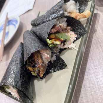 Sushi Edomata - My usual hand rolls (Sam's Special, Unagi, and California) - excellent. - Japanese Near Me - San Mateo, California Sushi Edomata - My usual hand rolls (Sam's Special, Unagi, and California) - excellent. - Japanese Near Me - San Mateo, California