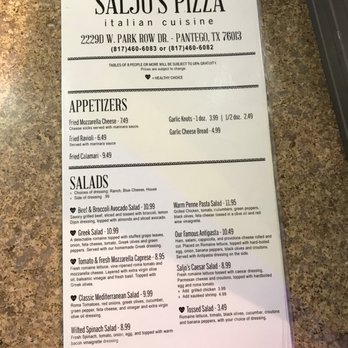 Saljo's Pizza - 10/5/2018. Front page of menu - Pizza Near Me - Pantego, Texas Saljo's Pizza - 10/5/2018. Front page of menu - Pizza Near Me - Pantego, Texas