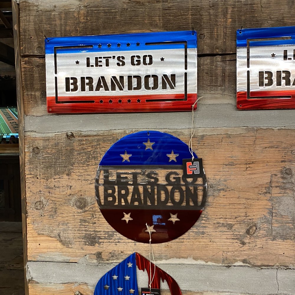 Kirk's Ferry Trading Post - a wooden sign with the words let's go brandon and let's go brandon - Barbeque Near Me - Brownsville, Oregon