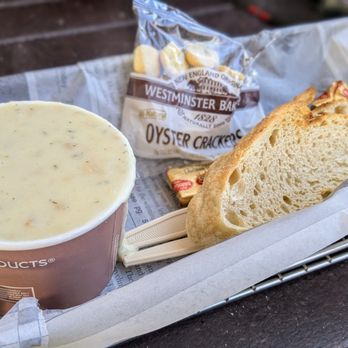 Noyo Fish Company - Cup of Clam chowder with sourdough bread and oyster crackers - Seafood Near Me - Fort Bragg, California