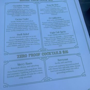Osa Rooftop - Cocktail menu. - The menu lists house cocktails priced at $18 and zero-proof cocktails at $15, with descriptions of each drink's ingredients and flavor profile. - Bars Near Me - Pasadena, California