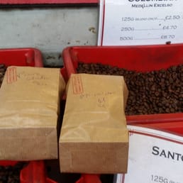 Different blends which you buy as freshly roasted or ground, packaged in little brown bags