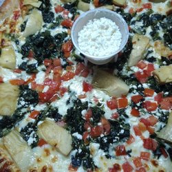 Pastore's Pizza - Greek pizza with artichoke hearts and extra feta cheese!
