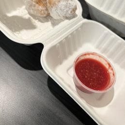 The fried dough things with raspberry sauce. Outstanding! The fried dough things with raspberry sauce. Outstanding!