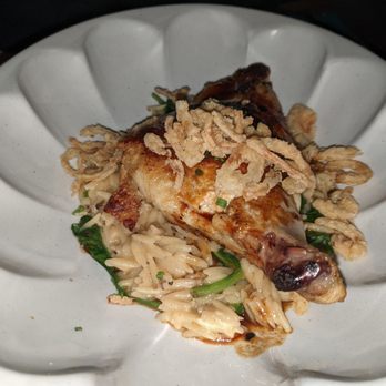 The Bungalow Kitchen - Pan-Roasted Organic Chicken served with Bloomsdale Spinach Truffle Orzo & crispy Shallots - New American Near Me - Tiburon, California The Bungalow Kitchen - Pan-Roasted Organic Chicken served with Bloomsdale Spinach Truffle Orzo & crispy Shallots - New American Near Me - Tiburon, California