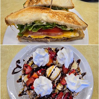 Nick's Cafe - Sausage egg & cheese sandwich and Banana Split Waffle - Diners Near Me - Los Angeles, California
