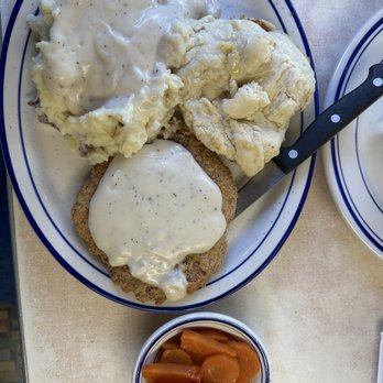 Blue Benn Diner - Country Fried Chicken, Mashed Potatoes, Gravy, Carrots and a Homemade Biscuit (Note I opted not to get the two eggs) - Diners Near Me - Bennington, Vermont
