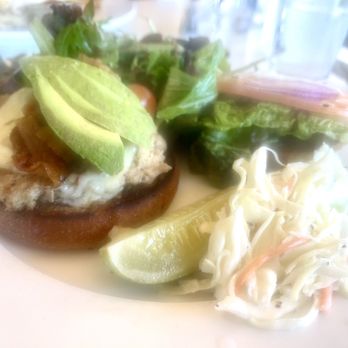 Greens Restaurant - Pepper Jack turkey burger with bacon jam and avocado, side salad, coleslaw and great pickle - very good! - New American Near Me - Copake Lake, New York Greens Restaurant - Pepper Jack turkey burger with bacon jam and avocado, side salad, coleslaw and great pickle - very good! - New American Near Me - Copake Lake, New York