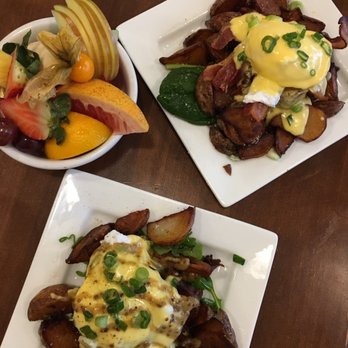 Yolks - Side of fruits, bacon and egg, and the special of the day (pork belly Benedict) - Coffee & Tea Near Me - Vancouver, British Columbia