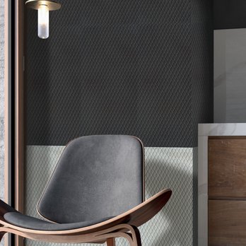 Emser Tile - Ironworx™ glazed porcelain tile in Ridge Carbon (upper wall) and Ridge White (lower wall) - Tiling Near Me - Sterling Heights, Michigan Emser Tile - Ironworx™ glazed porcelain tile in Ridge Carbon (upper wall) and Ridge White (lower wall) - Tiling Near Me - Sterling Heights, Michigan