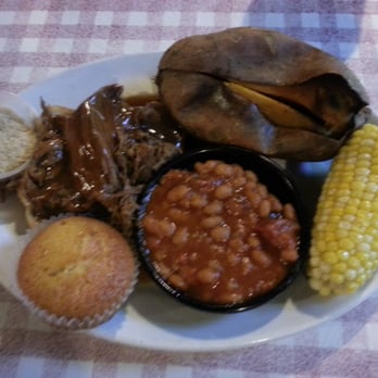 Riverside BBQ & Grill - Open-Faced Roast Beef Platter with baked Sweet Potato, Baked Beans, Corn on the Cob and a Corn Bread Muffin! - Burgers Near Me - Quincy, Illinois