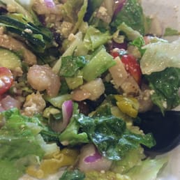 Greek salad with chicken and shrimp and lite balsamic dressing