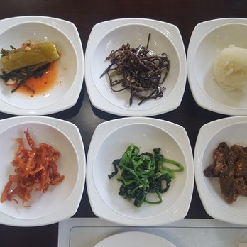 Myung Ga Won - Stuffed Cucumber Kimchi, Dried Squid Muchim, Bracken Fiddlehead Namul, Spinach Namul, Potato Salad, Eggplant Namul - Korean Near Me - Tenafly, New Jersey Myung Ga Won - Stuffed Cucumber Kimchi, Dried Squid Muchim, Bracken Fiddlehead Namul, Spinach Namul, Potato Salad, Eggplant Namul - Korean Near Me - Tenafly, New Jersey