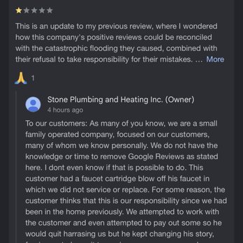 Stone Plumbing & Heating - Stone publicly lying about having negative reviews removed - Plumbing Near Me - Duluth, Minnesota