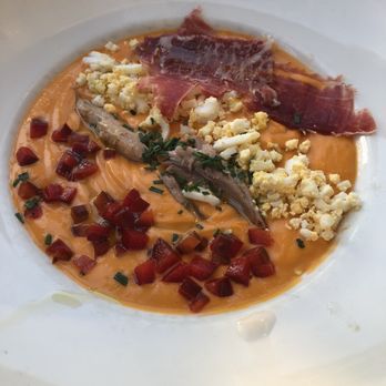 TORO Muelle Uno - Salmorejo with peppers, tuna, egg, Iberian ham - Spanish Near Me - Málaga, Massachusetts TORO Muelle Uno - Salmorejo with peppers, tuna, egg, Iberian ham - Spanish Near Me - Málaga, Massachusetts