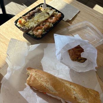 K Sandwiches - Shrimp and fried rice plate, kale pastry, and grilled chicken banh mi with no jalapeños and no cilantro - Sandwiches Near Me - San Diego, California