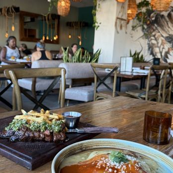Panxa Cocina - Steak & frites and Stacked Enchiladas with Christmas style sauce - Cocktail Bars Near Me - Long Beach, California