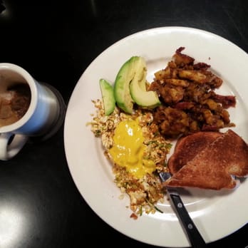 Julians - One of their tofu scrambles with avocado on the side. Earl grey with almond milk. - New American Near Me - Providence, Rhode Island