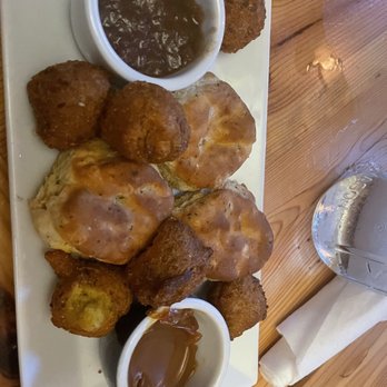 The Whiskey Jar - Hush puppies and biscuits (with sourgum and apple/cinnamon sauce) - Southern Near Me - Charlottesville, Virginia The Whiskey Jar - Hush puppies and biscuits (with sourgum and apple/cinnamon sauce) - Southern Near Me - Charlottesville, Virginia