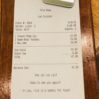 Thip Khao - Bill for lunch - Laotian Near Me - Washington, DC, District of Columbia