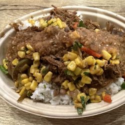 Cabo Fresh Mexican Grill - Baja Bowl topped with shredded steak