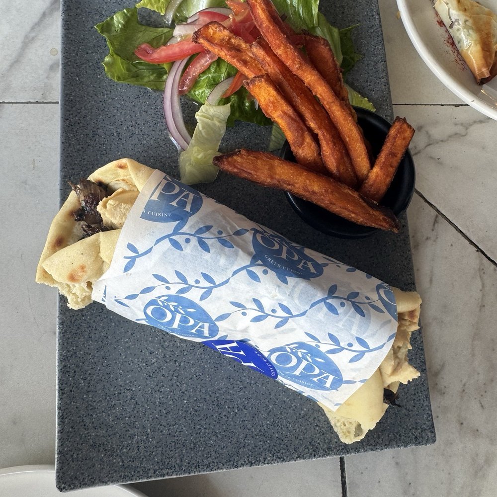 OPA Greek Bistro - Vegan Gyro with Mushrooms and sweet potato fries and salad. - Greek Near Me - Puerto Vallarta, JAL