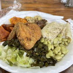 Genesis Family Restaurant - Fried Chicken, Chicken n' Dumplings, Lima Beans, Collards, Cabbage, Yams, Mac & Cheese, Stew Beef, Dressing (whoo! I know right? Yum Yum)