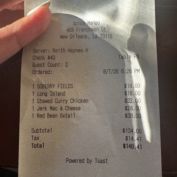 Spicy Mango - Receipt - Caribbean Near Me - New Orleans, Louisiana