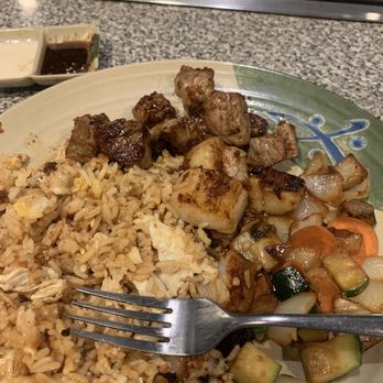 Asahi Japanese Steakhouse - steak and scallops with fried rice and vegetables. great sear on the scallops - Japanese Near Me - Lafayette, Indiana Asahi Japanese Steakhouse - steak and scallops with fried rice and vegetables. great sear on the scallops - Japanese Near Me - Lafayette, Indiana